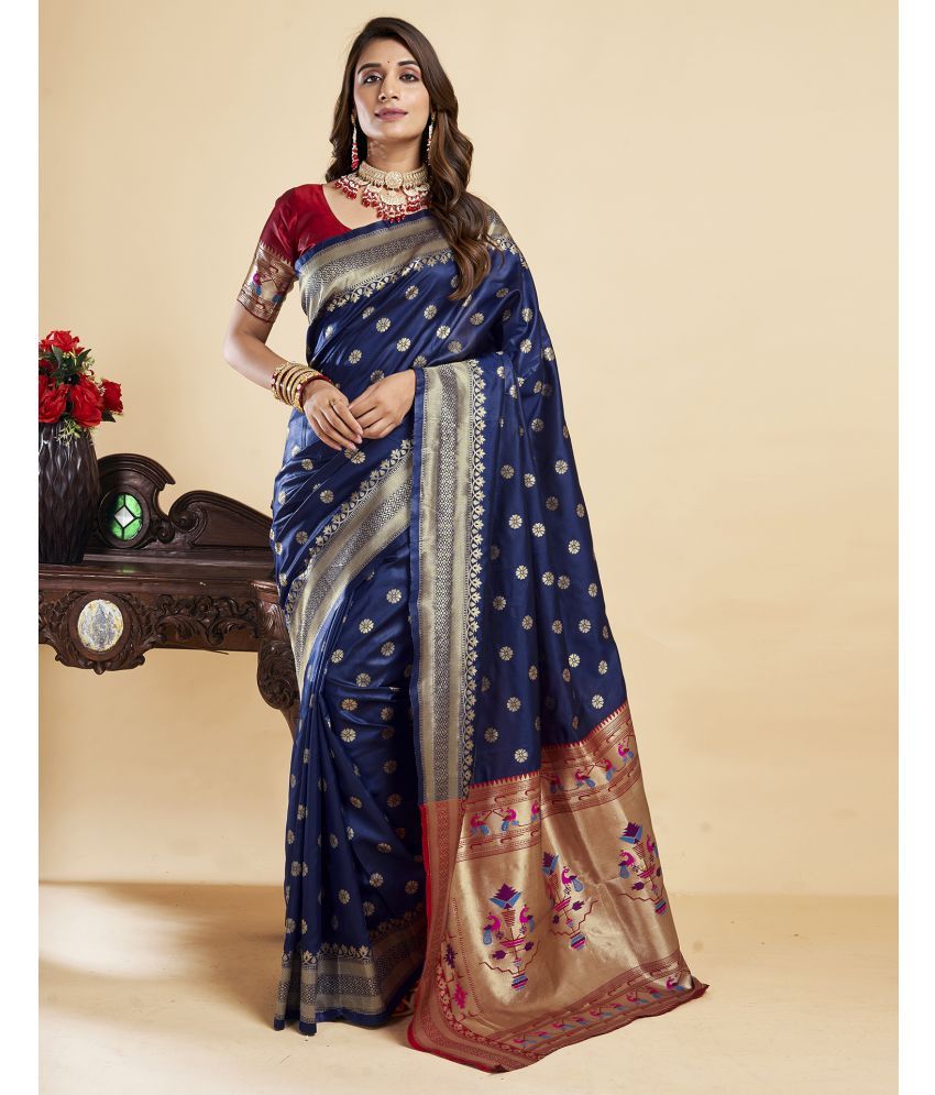     			Satrani Silk Self Design Saree With Blouse Piece - Navy Blue ( Pack of 1 )