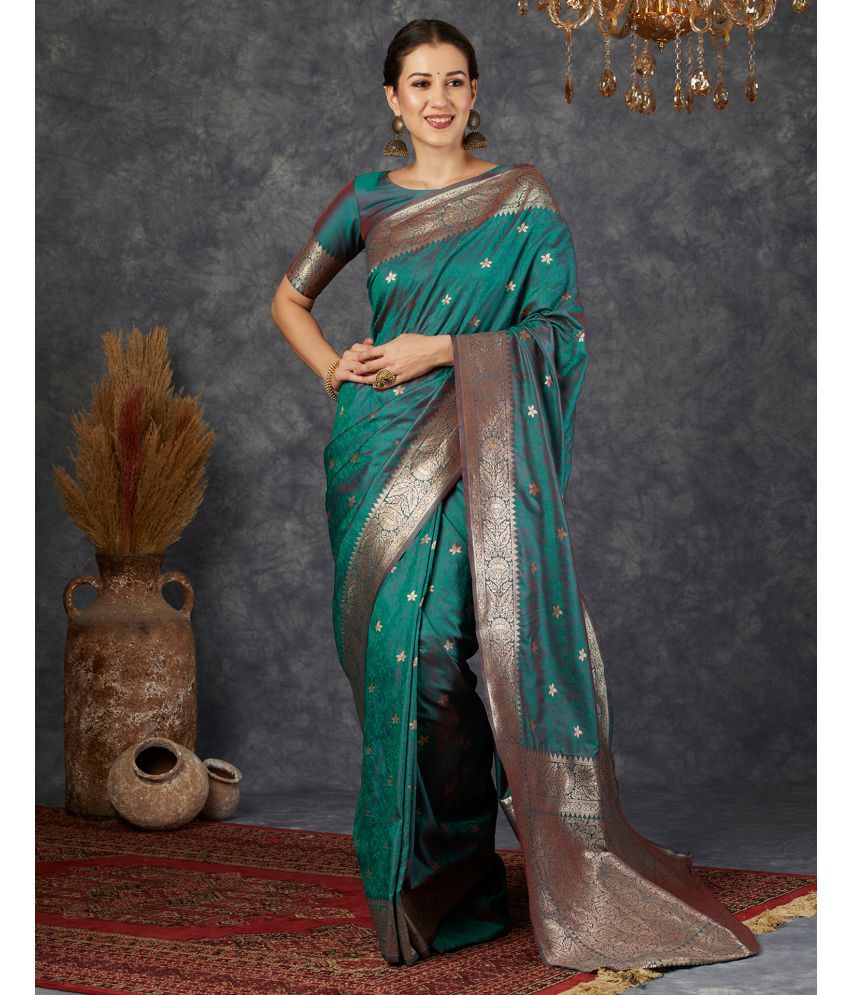     			Satrani Silk Woven Saree With Blouse Piece - Teal ( Pack of 1 )