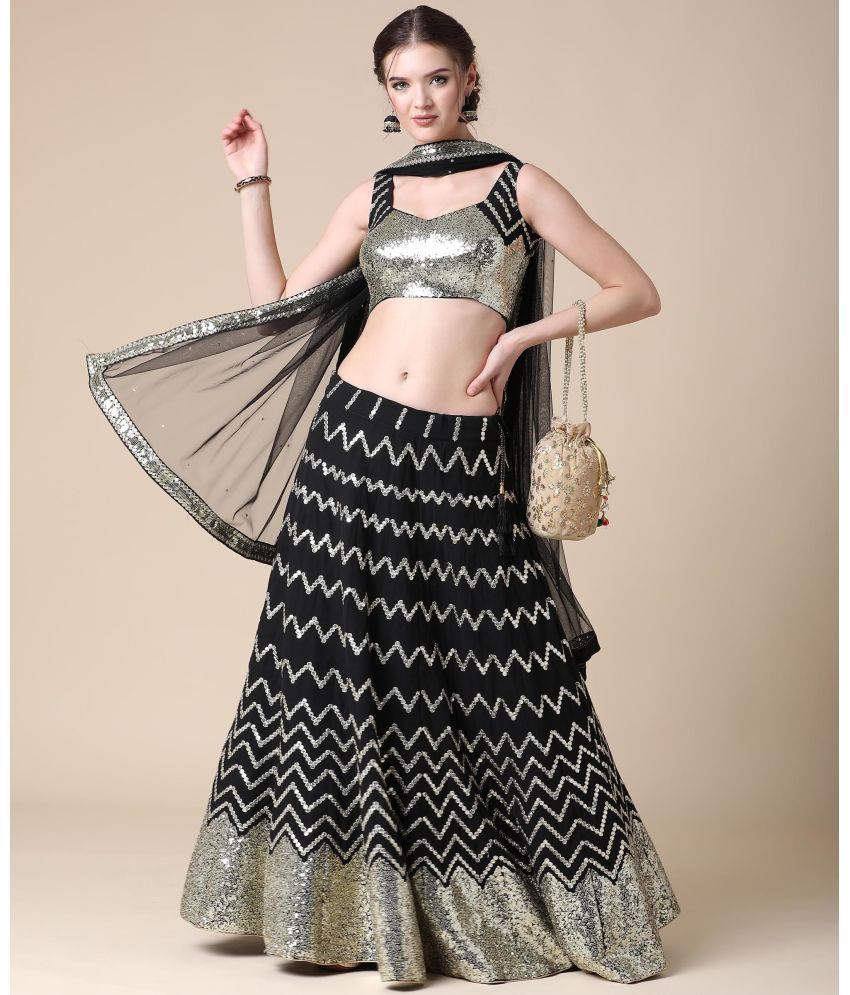     			kedar fab Black Silk Blends Circular Semi Stitched Lehenga Single