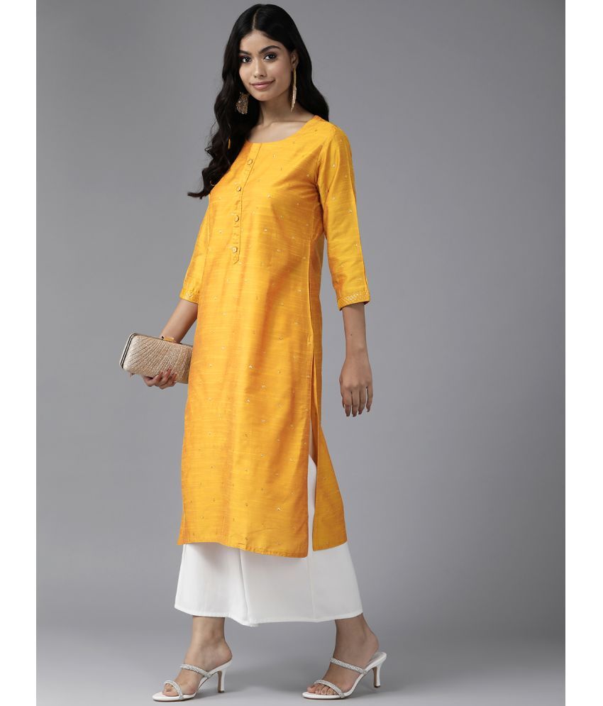     			Aarika Cotton Blend Embroidered Straight Women's Kurti - Yellow ( Pack of 1 )