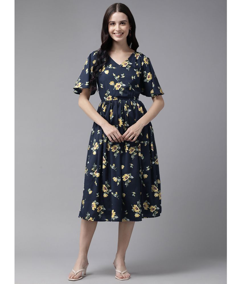     			Aarika Crepe Printed Knee Length Women's Fit & Flare Dress - Navy Blue ( Pack of 1 )