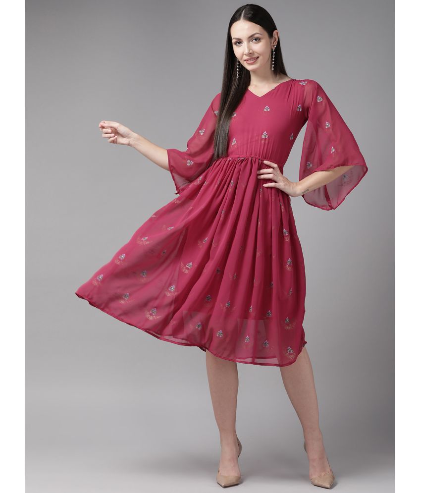    			Aarika Georgette Printed Knee Length Women's Fit & Flare Dress - Pink ( Pack of 1 )