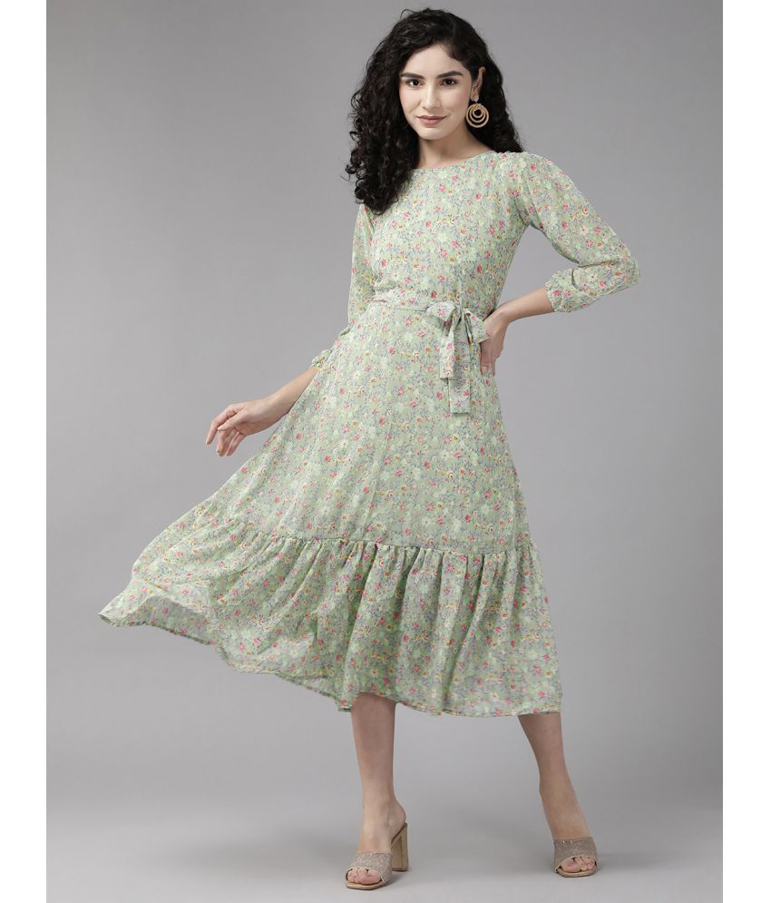     			Aarika Georgette Printed Midi Women's Fit & Flare Dress - Green ( Pack of 1 )