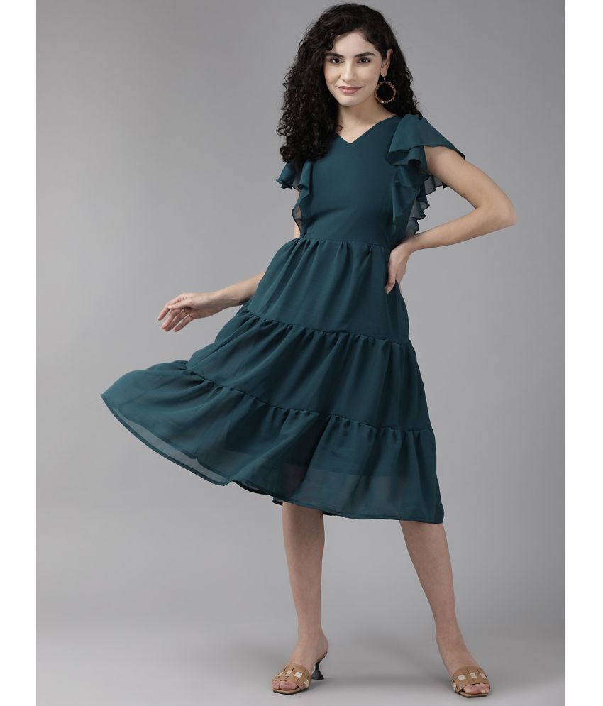     			Aarika Georgette Solid Midi Women's Fit & Flare Dress - Green ( Pack of 1 )