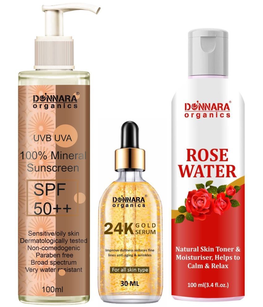     			Donnara Organics 100% Mineral Suncreen Cream UVB & UVA Protection with SPF 50++ 100ml, 24K Gold Face Serum 30ml & Natural Rose Water 100ml - Combo of 3 Items