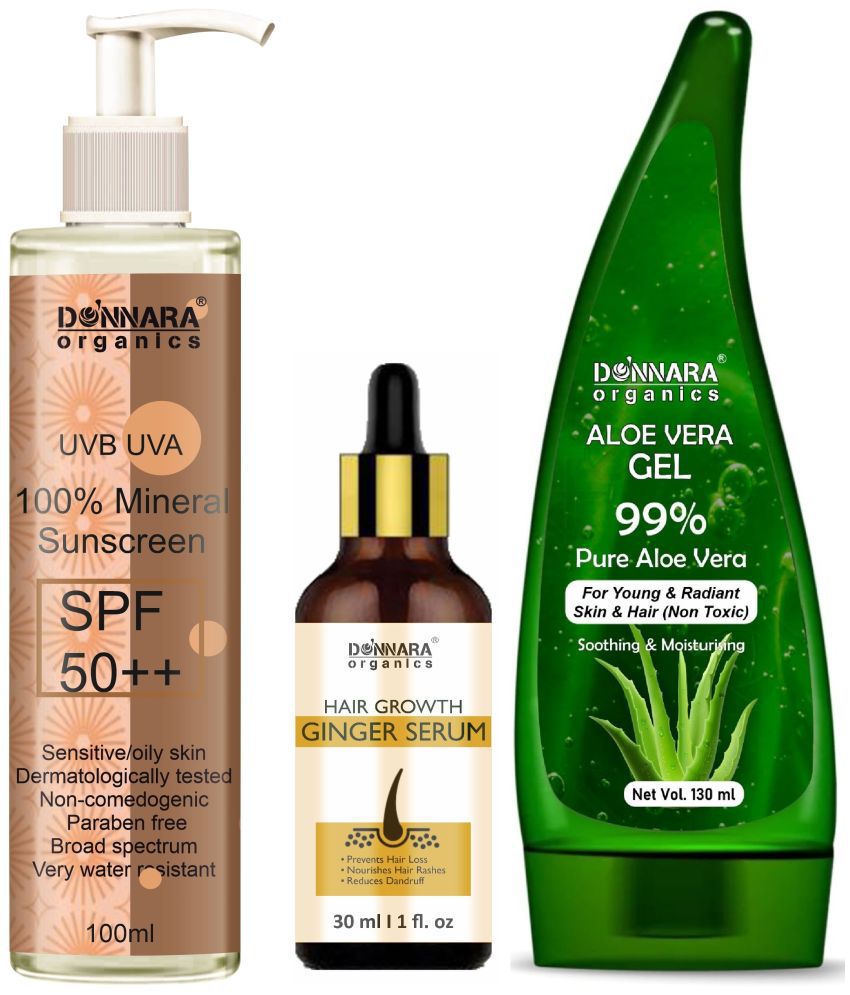     			Donnara Organics 100% Mineral Suncreen Cream UVB & UVA Protection with SPF 50++ 100ml, Hair Growth Ginger Serum 30ml & Natural Aloe Vera Gel 130ml - Combo of 3 Items
