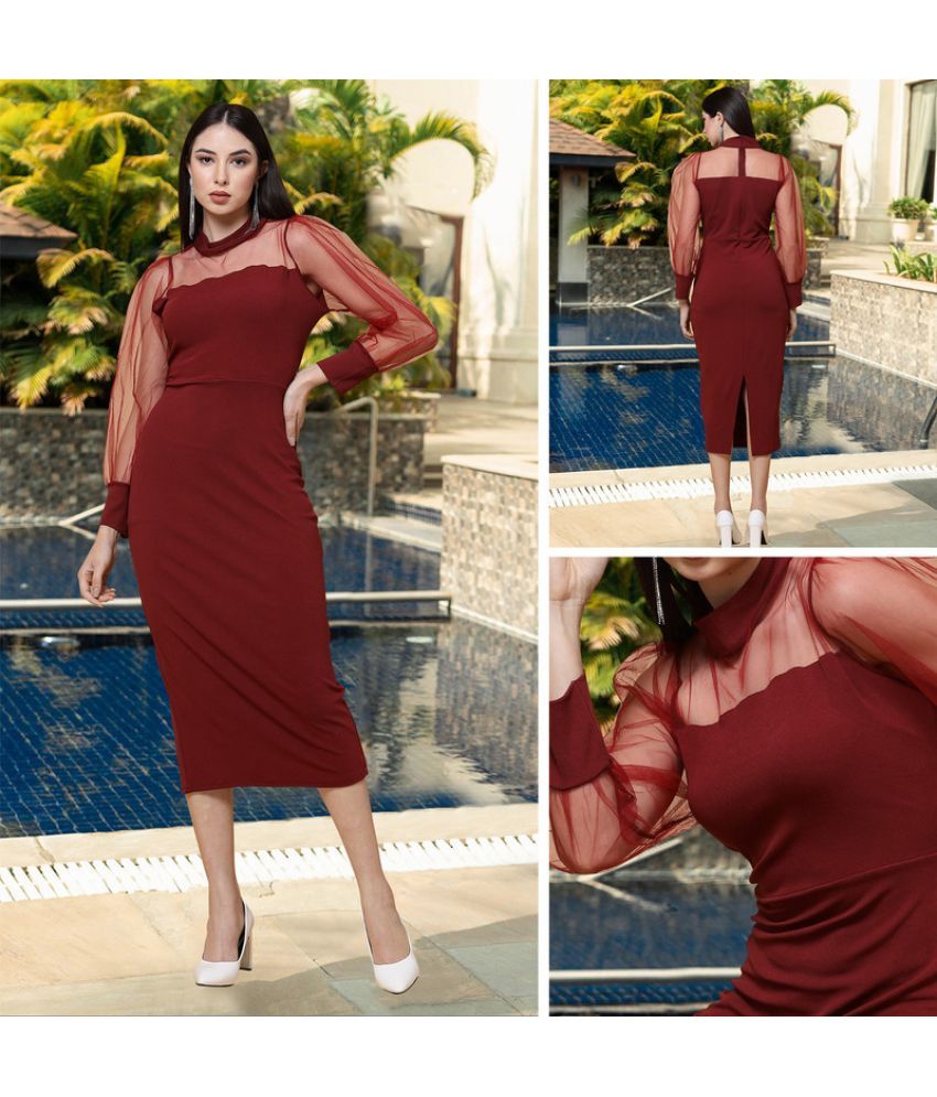     			MISS AYSE Cotton Blend Solid Midi Women's Fit & Flare Dress - Maroon ( Pack of 1 )