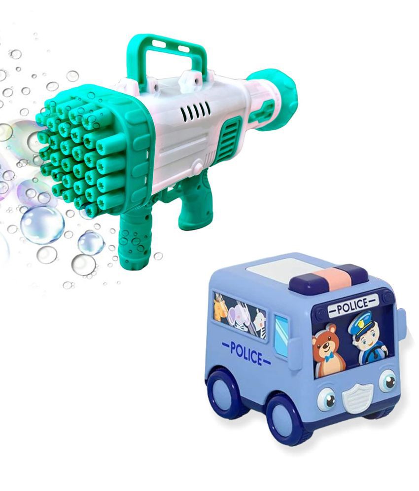     			RAINBOW RIDERS Combo Super Socket 32 Holes Green Bubble Gun & Cartoon Mini Bus, Friction Powered Toys, Educational Toys  For Kids Boys Age 3+ Years