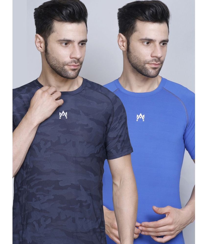     			A-MAN Polyester Regular Fit Solid Half Sleeves Men's T-Shirt - Blue ( Pack of 2 )