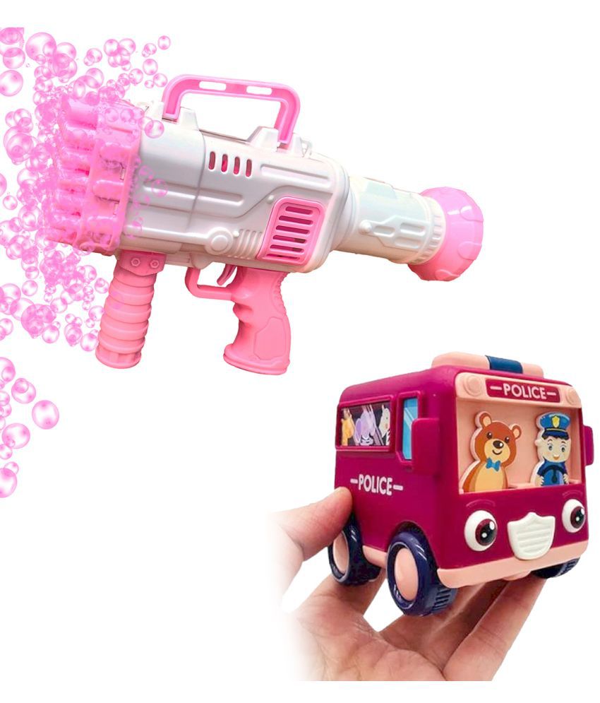     			RAINBOW RIDERS Combo Super Socket 45 Holes Pink Bubble Gun & Cartoon Mini Bus Indoor Outdoor, For Kids Boys Girls Age 3+ Years