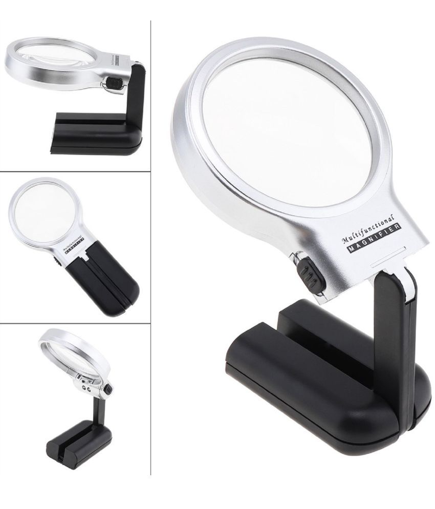     			SHB 3X 2.44" Magnifier with 2 Built-in LED Lghts, Adjustable Angle Multifunctional Portable Plastic Optical Magnifying Glass for Reading, Hands Free Magnifying Glass with LED Light Stand