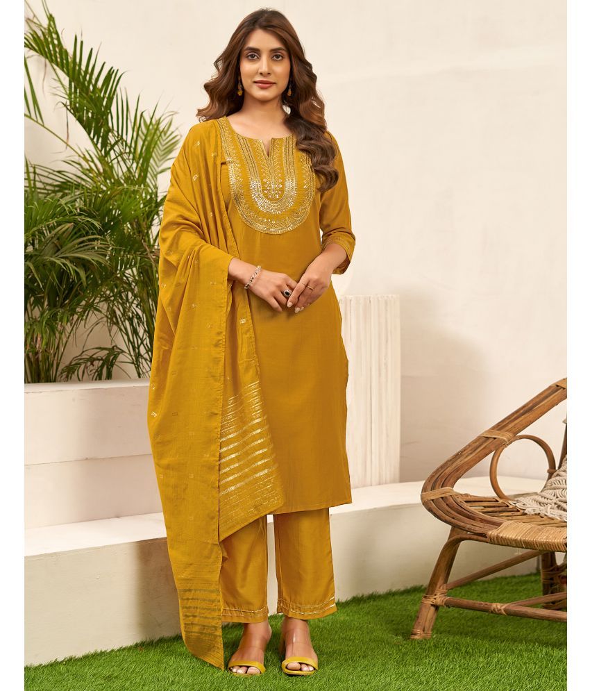     			Skylee Chiffon Embroidered Kurti With Pants Women's Stitched Salwar Suit - Mustard ( Pack of 1 )