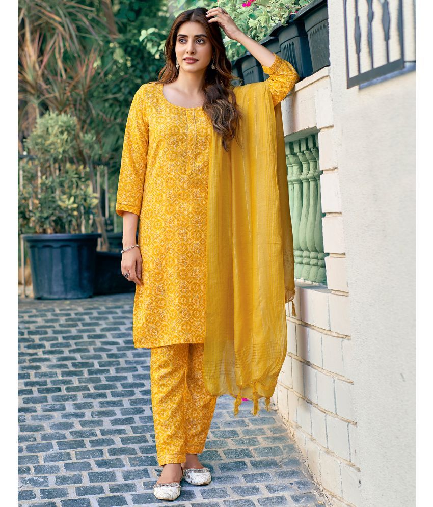     			Skylee Cotton Blend Printed Kurti With Pants Women's Stitched Salwar Suit - Yellow ( Pack of 1 )