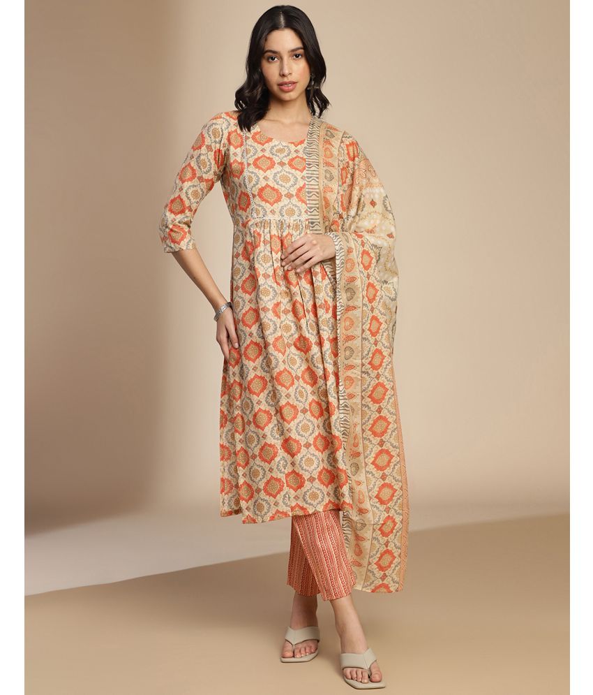     			Skylee Cotton Printed Kurti With Pants Women's Stitched Salwar Suit - Orange ( Pack of 1 )