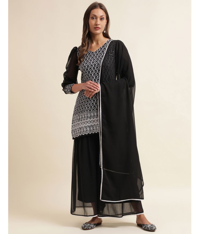     			Skylee Georgette Embroidered Kurti With Palazzo Women's Stitched Salwar Suit - Black ( Pack of 1 )