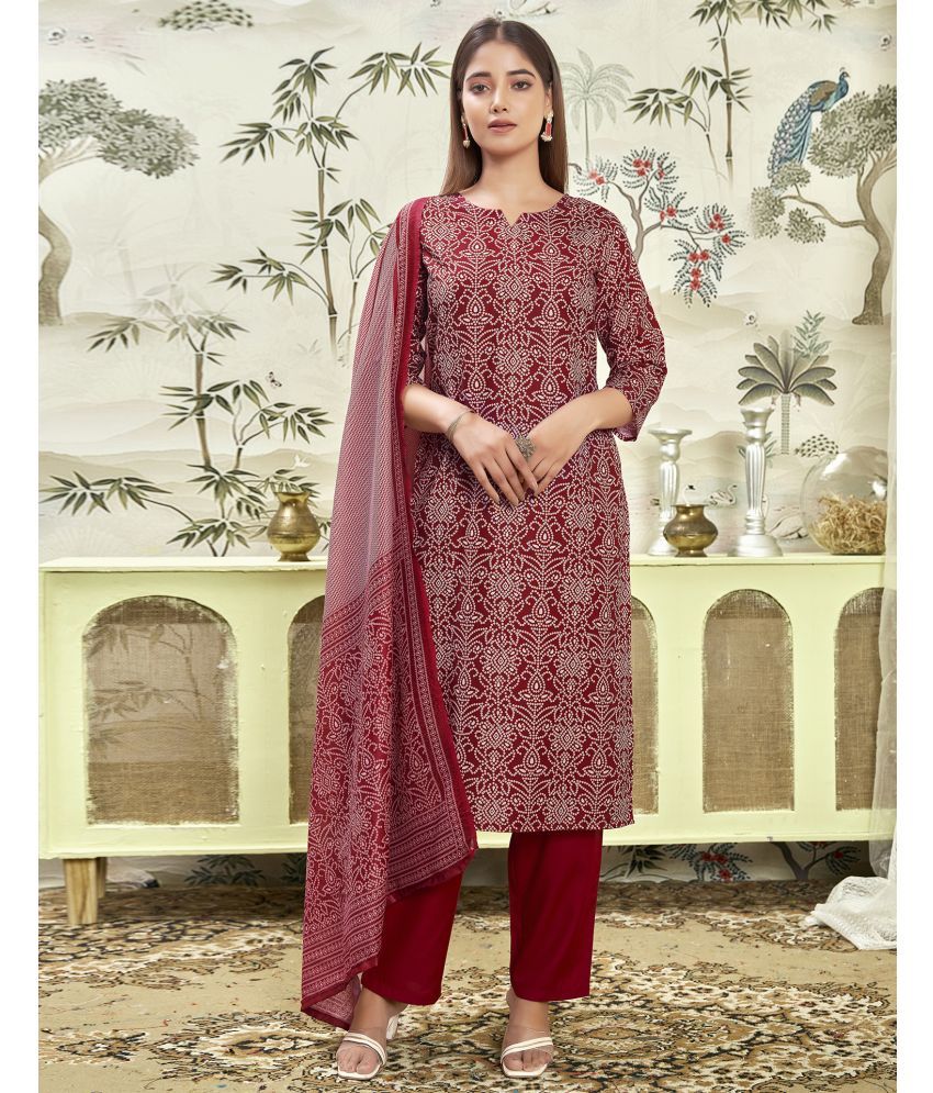     			Skylee Rayon Printed Kurti With Pants Women's Stitched Salwar Suit - Maroon ( Pack of 1 )