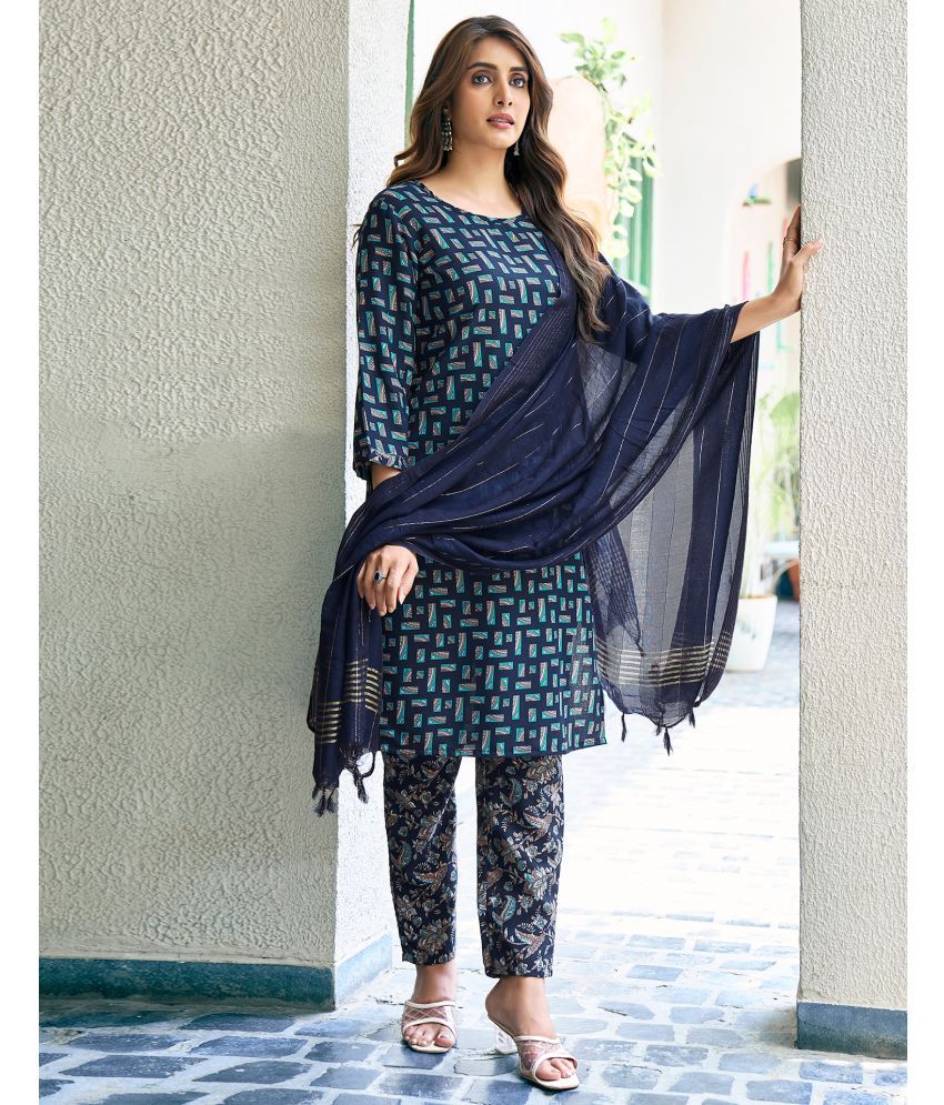     			Skylee Rayon Printed Kurti With Pants Women's Stitched Salwar Suit - Navy Blue ( Pack of 1 )