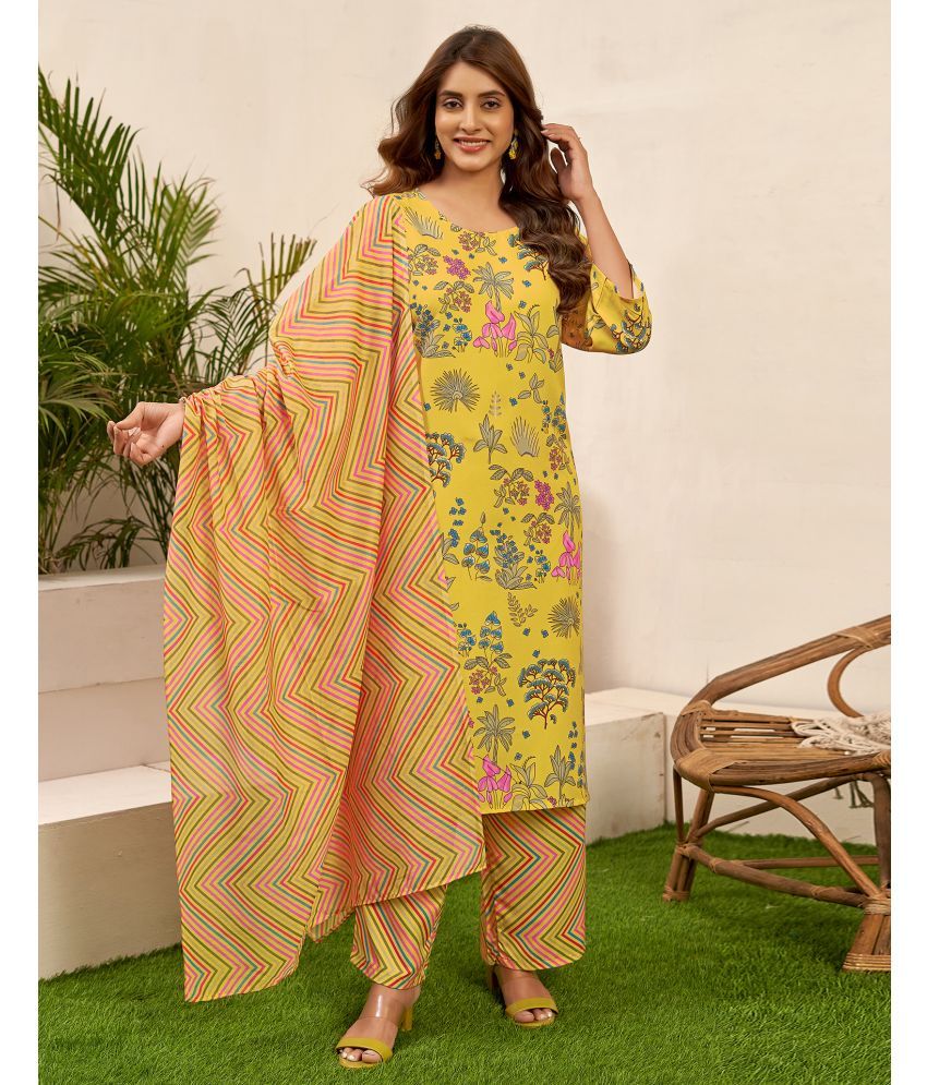     			Skylee Rayon Printed Kurti With Palazzo Women's Stitched Salwar Suit - Yellow ( Pack of 1 )