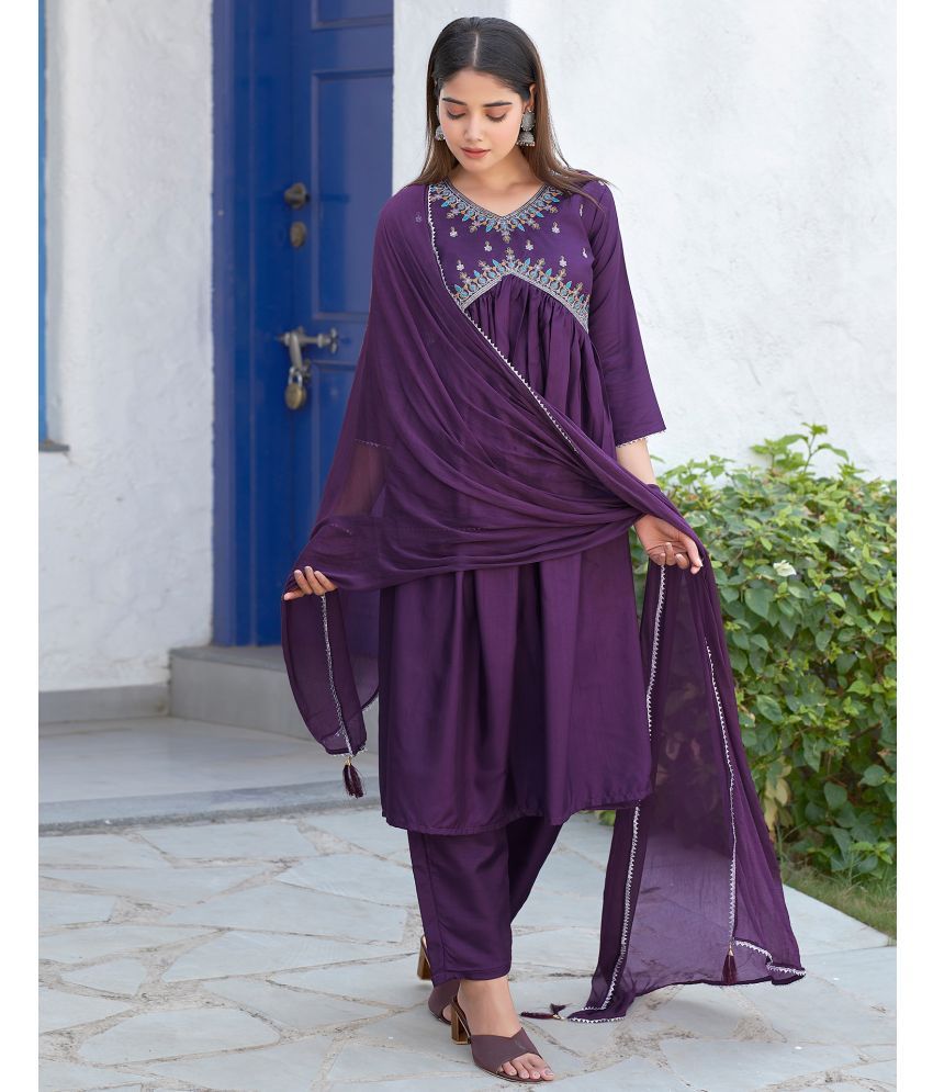     			Skylee Silk Blend Embroidered Kurti With Pants Women's Stitched Salwar Suit - Purple ( Pack of 1 )