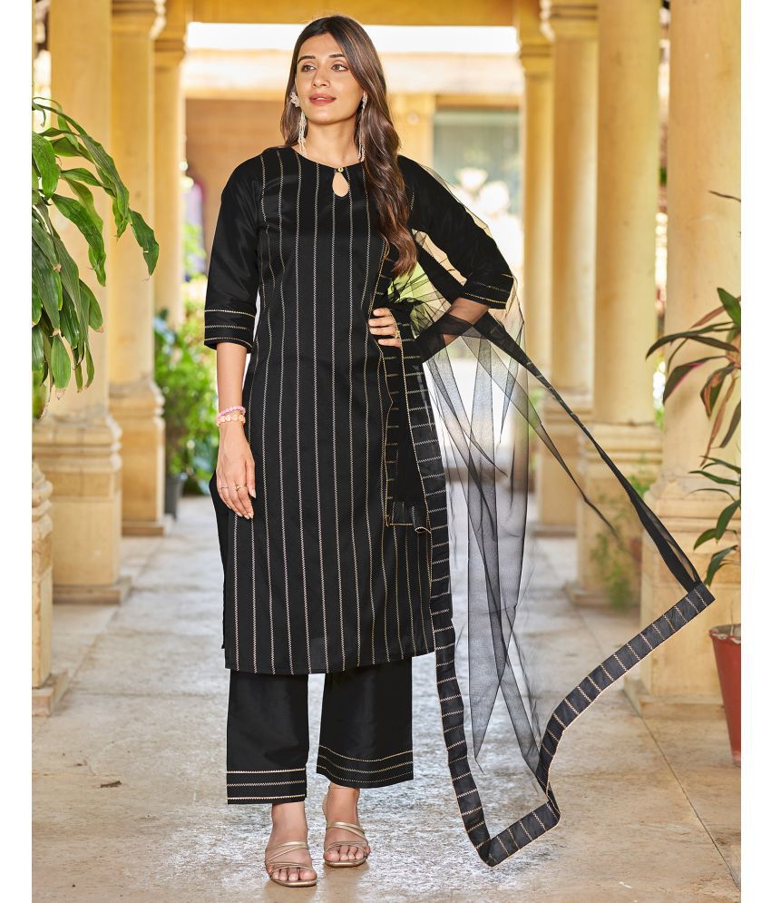     			Skylee Silk Blend Striped Kurti With Pants Women's Stitched Salwar Suit - Black ( Pack of 1 )
