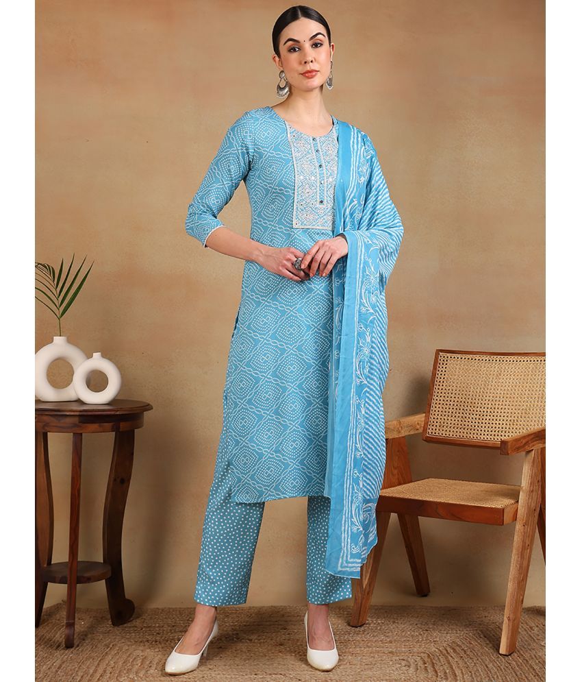     			Vaamsi Rayon Printed Kurti With Pants Women's Stitched Salwar Suit - Blue ( Pack of 1 )