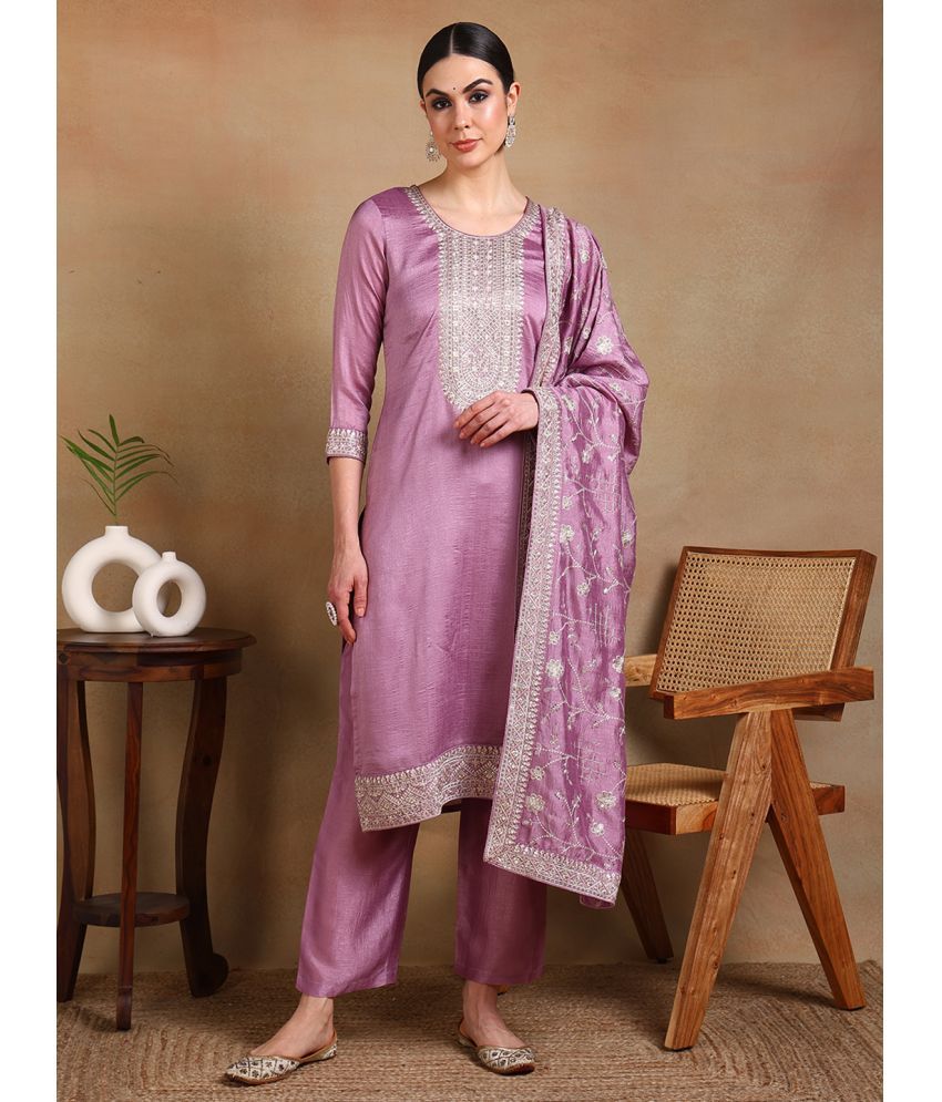     			Vaamsi Silk Blend Embroidered Kurti With Pants Women's Stitched Salwar Suit - Lavender ( Pack of 1 )