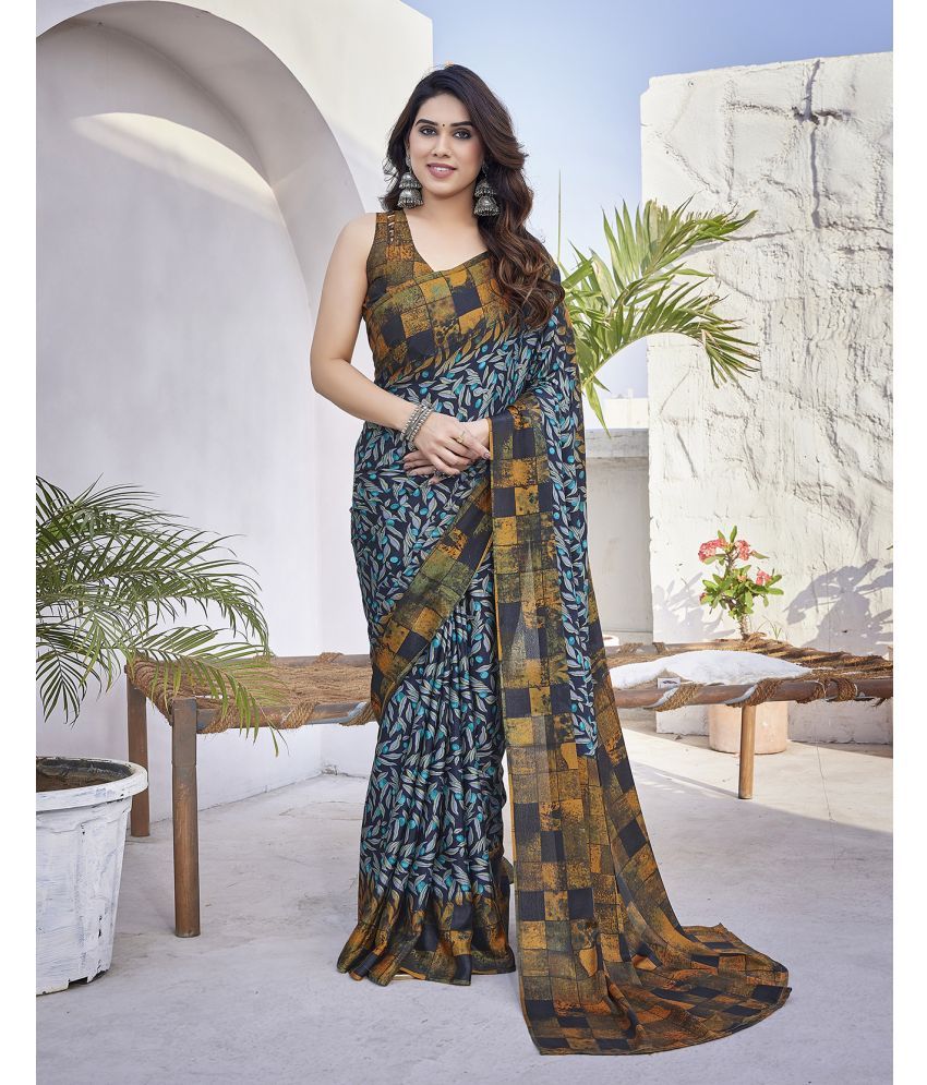     			Yashika Silk Blend Printed Saree With Blouse Piece - Navy Blue ( Pack of 1 )