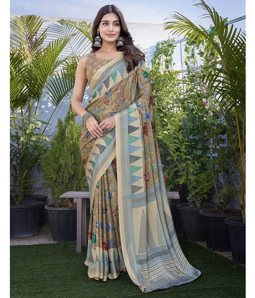     			Yashika Silk Blend Printed Saree With Blouse Piece - Beige ( Pack of 1 )