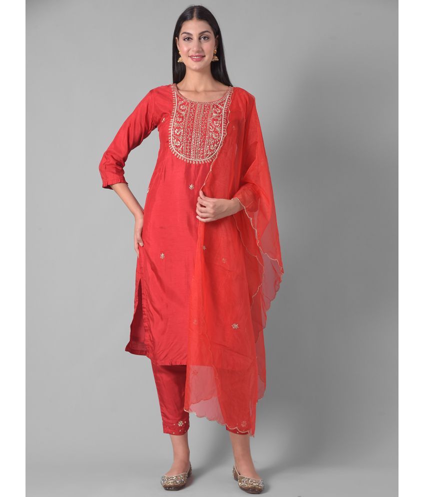     			Dollar Missy Cotton Blend Embroidered Kurti With Pants Women's Stitched Salwar Suit - Red ( Pack of 1 )