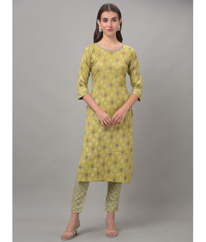     			Dollar Missy Cotton Blend Printed Kurti With Pants Women's Stitched Salwar Suit - Green ( Pack of 1 )