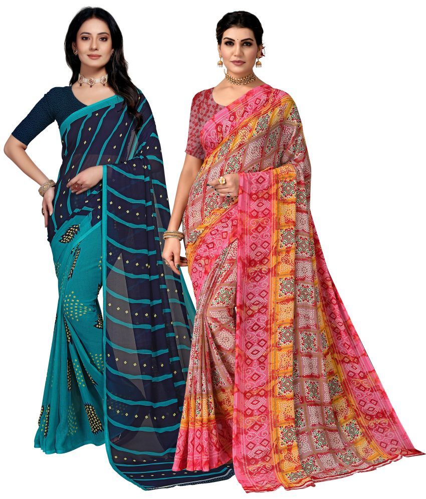     			Kanooda Prints Georgette Printed Saree With Blouse Piece - Teal ( Pack of 2 )