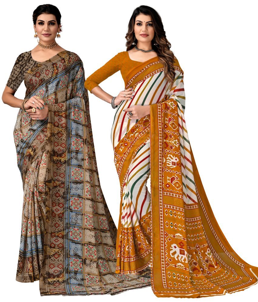     			Kanooda Prints Georgette Printed Saree With Blouse Piece - Brown ( Pack of 2 )