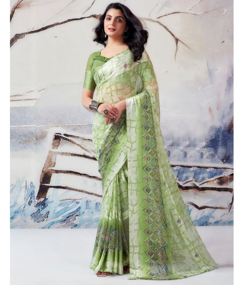     			Sanjana Silk Georgette Printed Saree With Blouse Piece - Lime Green ( Pack of 1 )