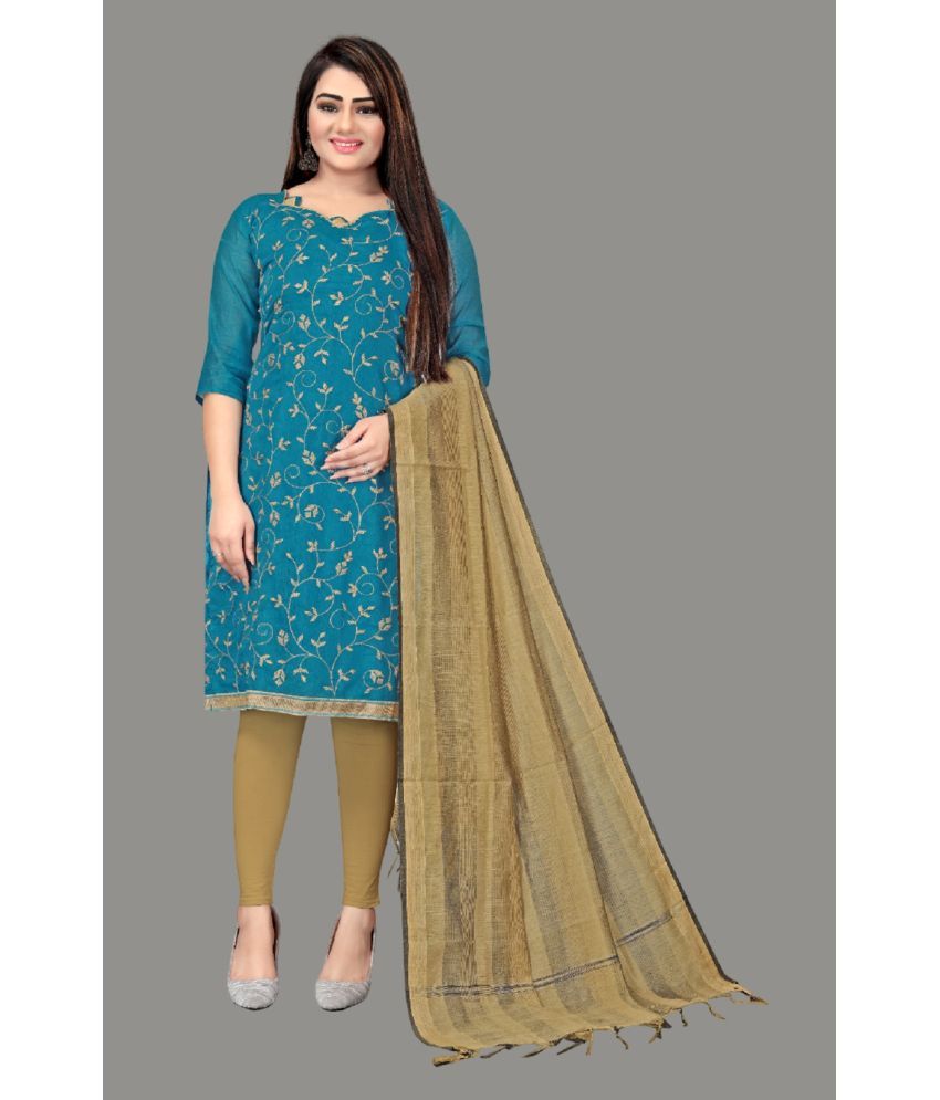     			Apnisha Unstitched Chanderi Embroidered Dress Material - Turquoise ( Pack of 1 )