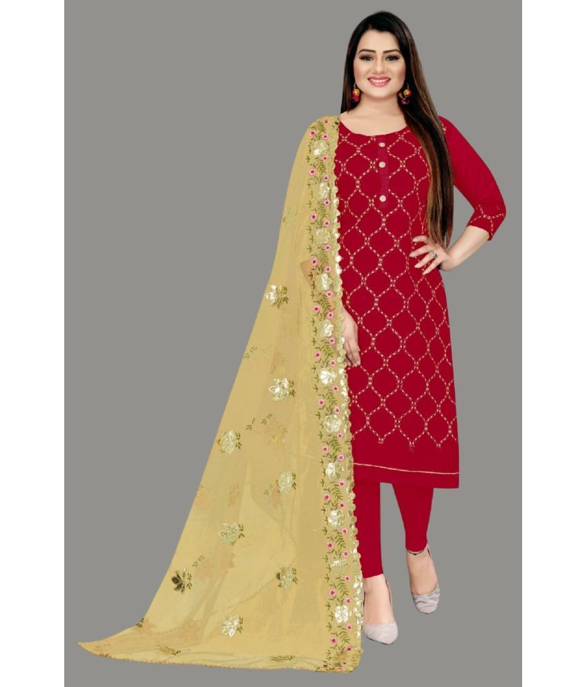     			Apnisha Unstitched Chanderi Embroidered Dress Material - Red ( Pack of 1 )