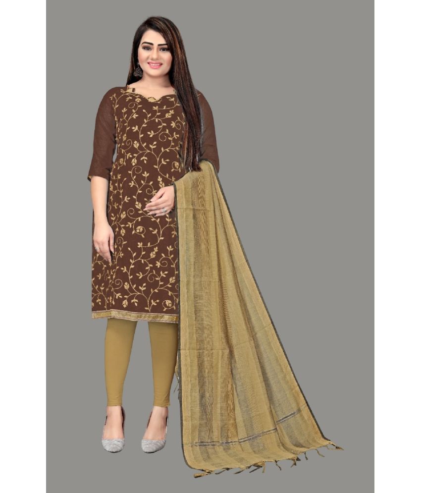     			Apnisha Unstitched Chanderi Embroidered Dress Material - Coffee ( Pack of 1 )