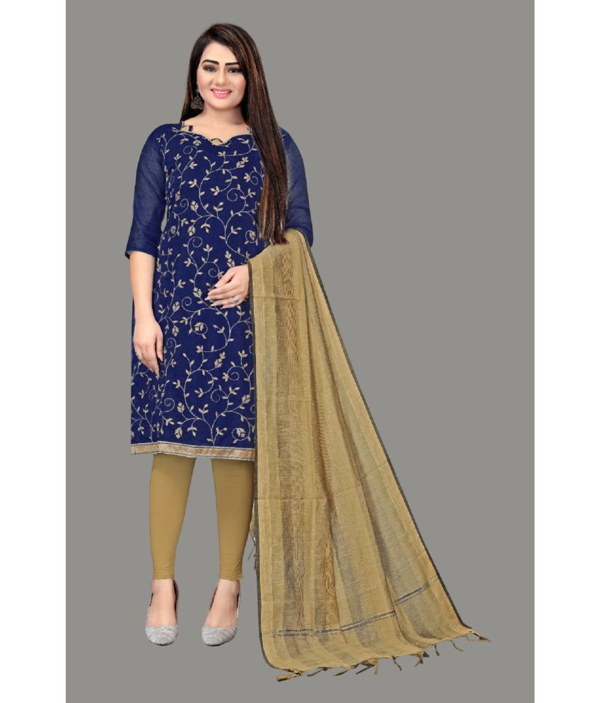     			Apnisha Unstitched Chanderi Embroidered Dress Material - Navy Blue ( Pack of 1 )