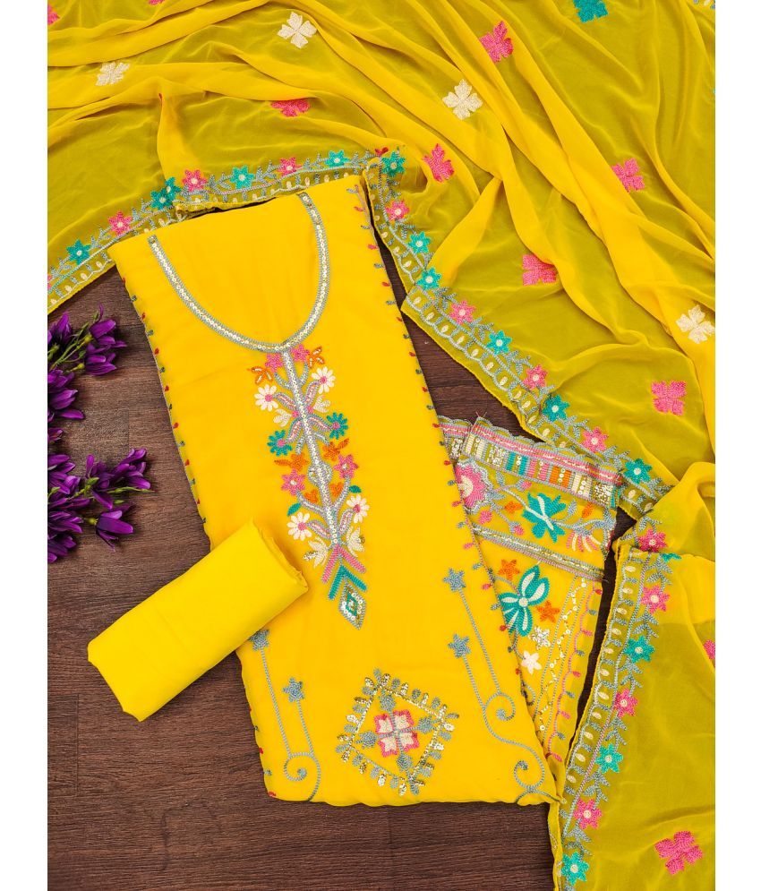     			Apnisha Unstitched Georgette Embellished Dress Material - Yellow ( Pack of 1 )