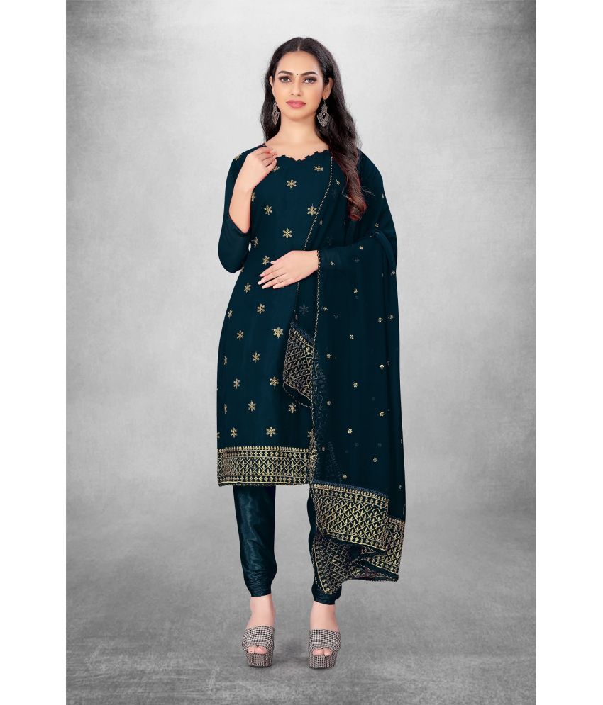     			Apnisha Unstitched Georgette Embroidered Dress Material - Teal ( Pack of 1 )