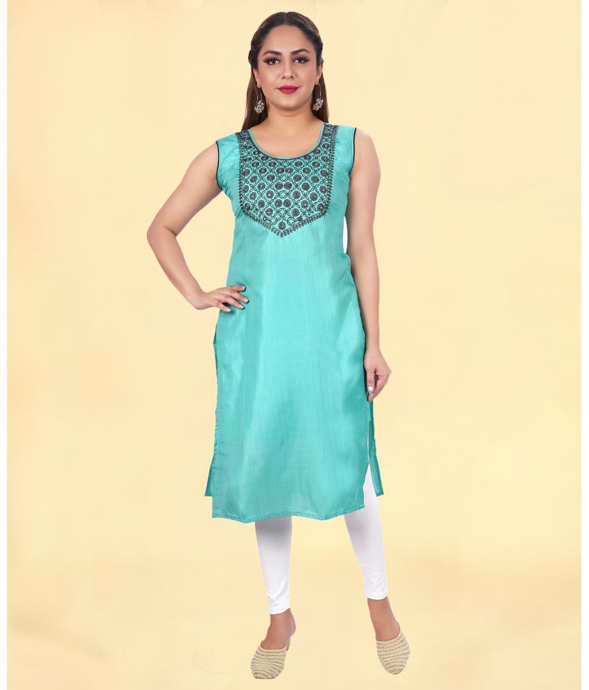     			Colorscube Cotton Silk Embroidered Straight Women's Kurti - Sea Green ( Pack of 1 )