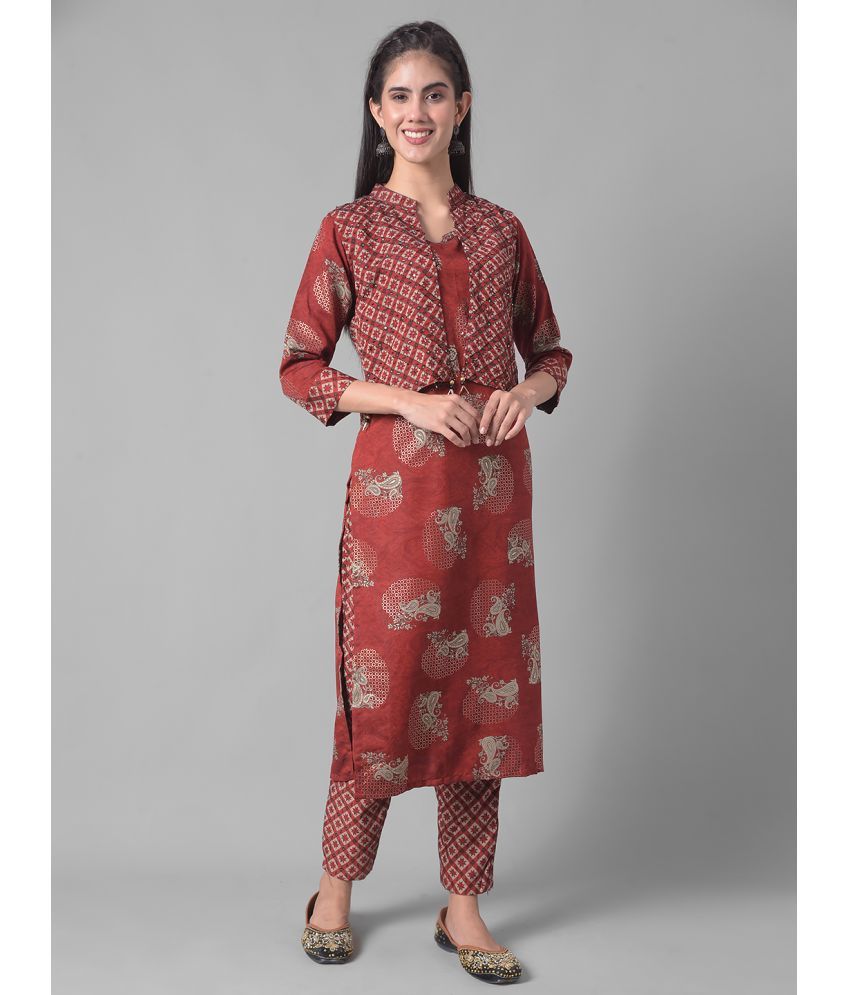     			Dollar Missy Cotton Blend Printed Kurti With Pants Women's Stitched Salwar Suit - Red ( Pack of 1 )