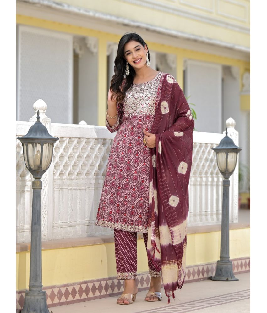     			Juniper Cotton Printed Kurti With Pants Women's Stitched Salwar Suit - Wine ( Pack of 1 )