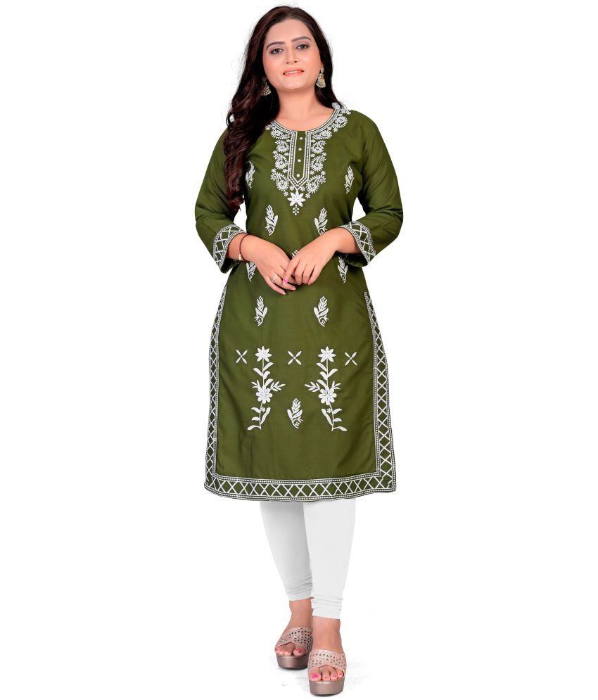     			Krihani Cotton Blend Embroidered A-line Women's Kurti - Olive ( Pack of 1 )