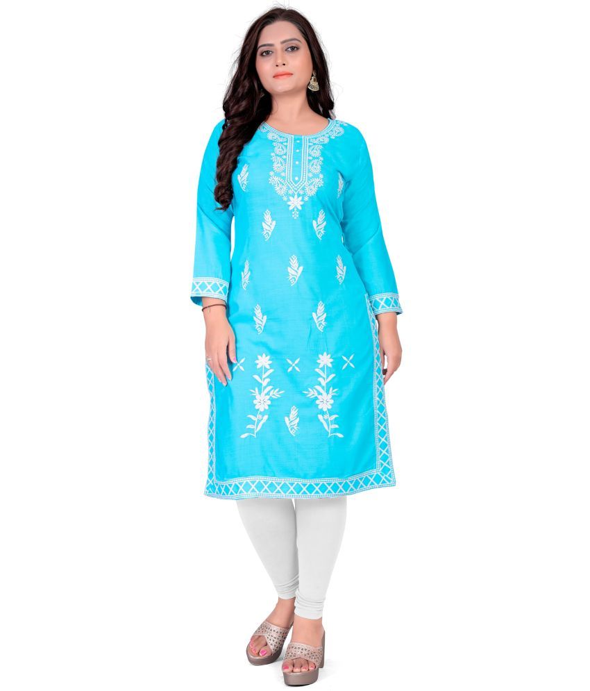     			Krihani Cotton Blend Embroidered A-line Women's Kurti - Light Blue ( Pack of 1 )