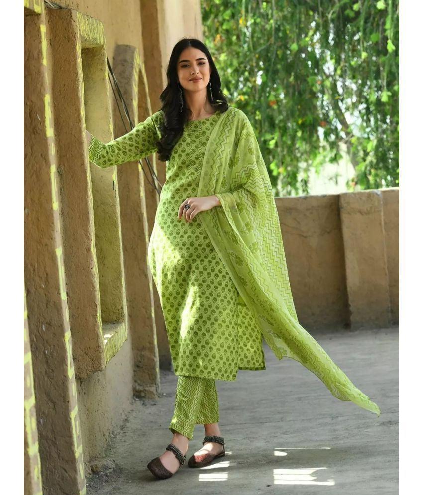     			VESTIMENTO Cotton Printed Kurti With Pants Women's Stitched Salwar Suit - Green ( Pack of 1 )