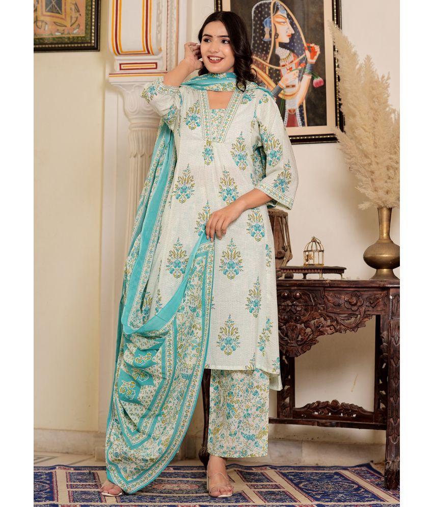     			Vbuyz Cotton Printed Kurti With Palazzo Women's Stitched Salwar Suit - Turquoise ( Pack of 1 )