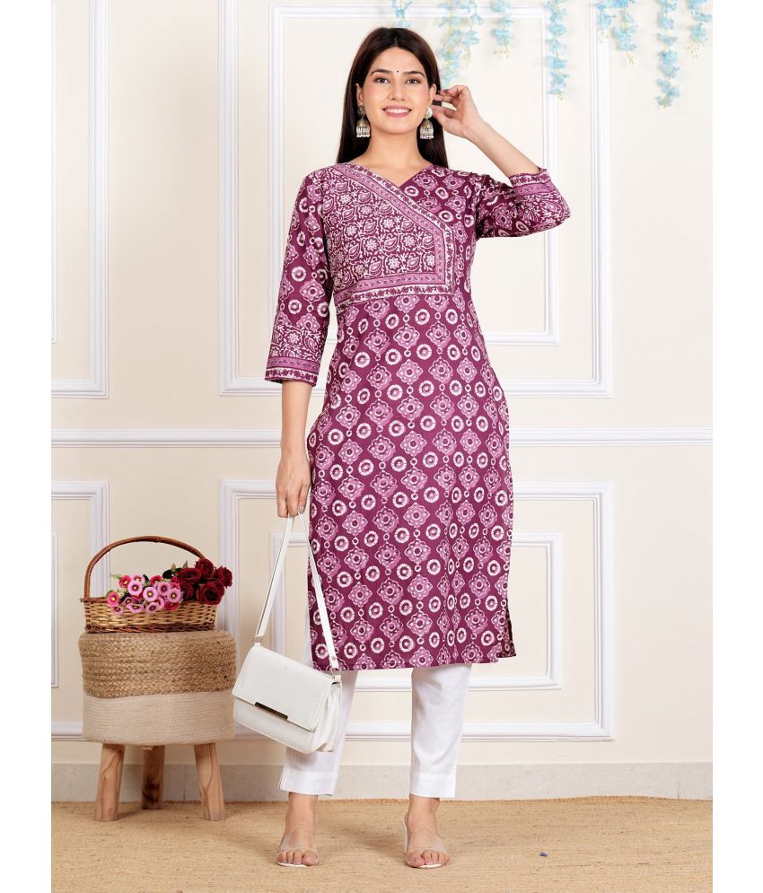     			Vbuyz Cotton Printed Straight Women's Kurti - Purple ( Pack of 1 )