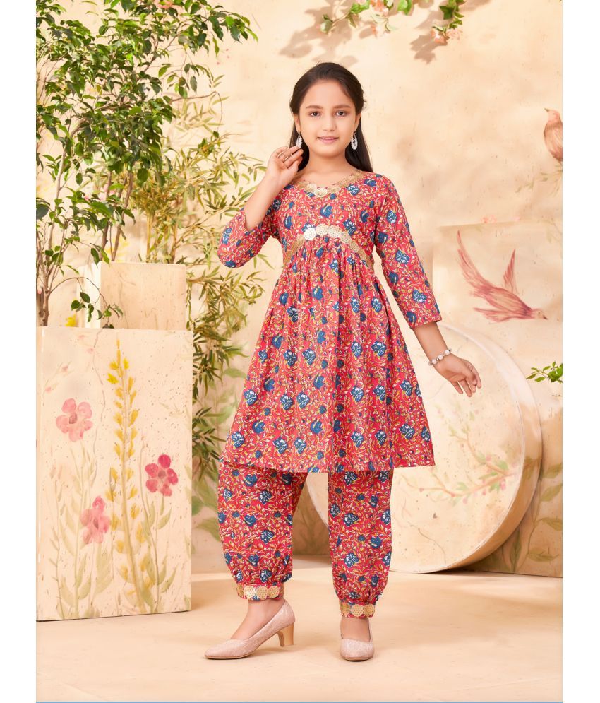     			Aarika Red Cotton Girls Patiala Kurta Set ( Pack of 1 )