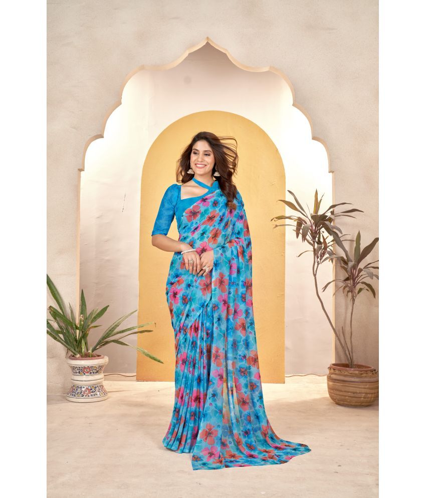     			Varni Fabrics Georgette Printed Saree With Blouse Piece - Blue ( Pack of 1 )