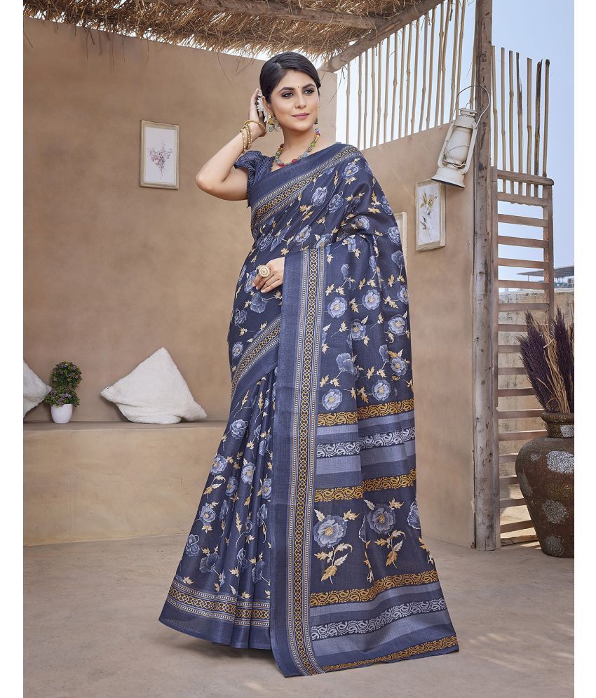     			Yashika Art Silk Printed Saree With Blouse Piece - Navy Blue ( Pack of 1 )